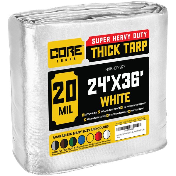 Core Tarps 36 ft L x 0.5 mm H x 24 ft W Heavy Duty 20 Mil Tarp, White, Polyethylene CT-704-24X36